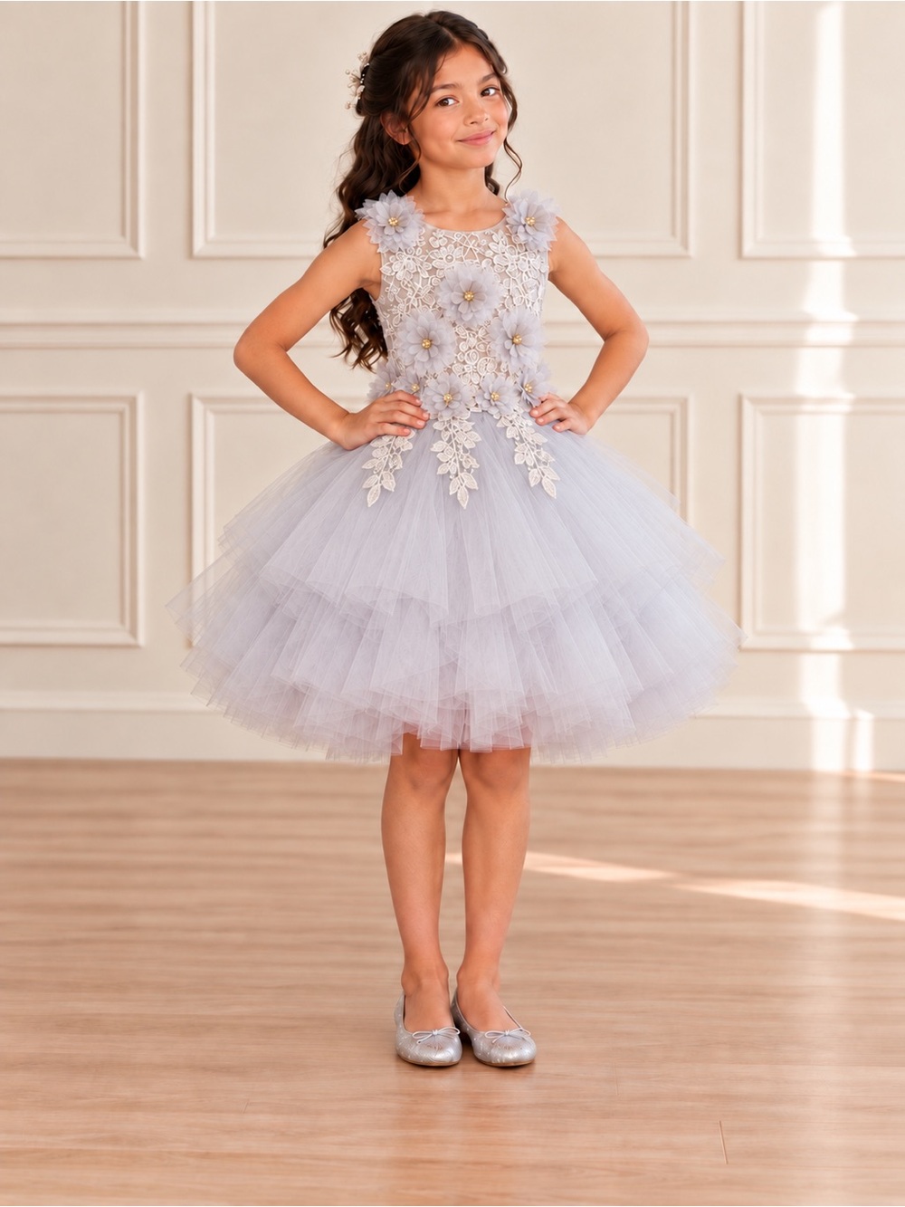Girls Light Lavender Floral Tulle Party Dress
